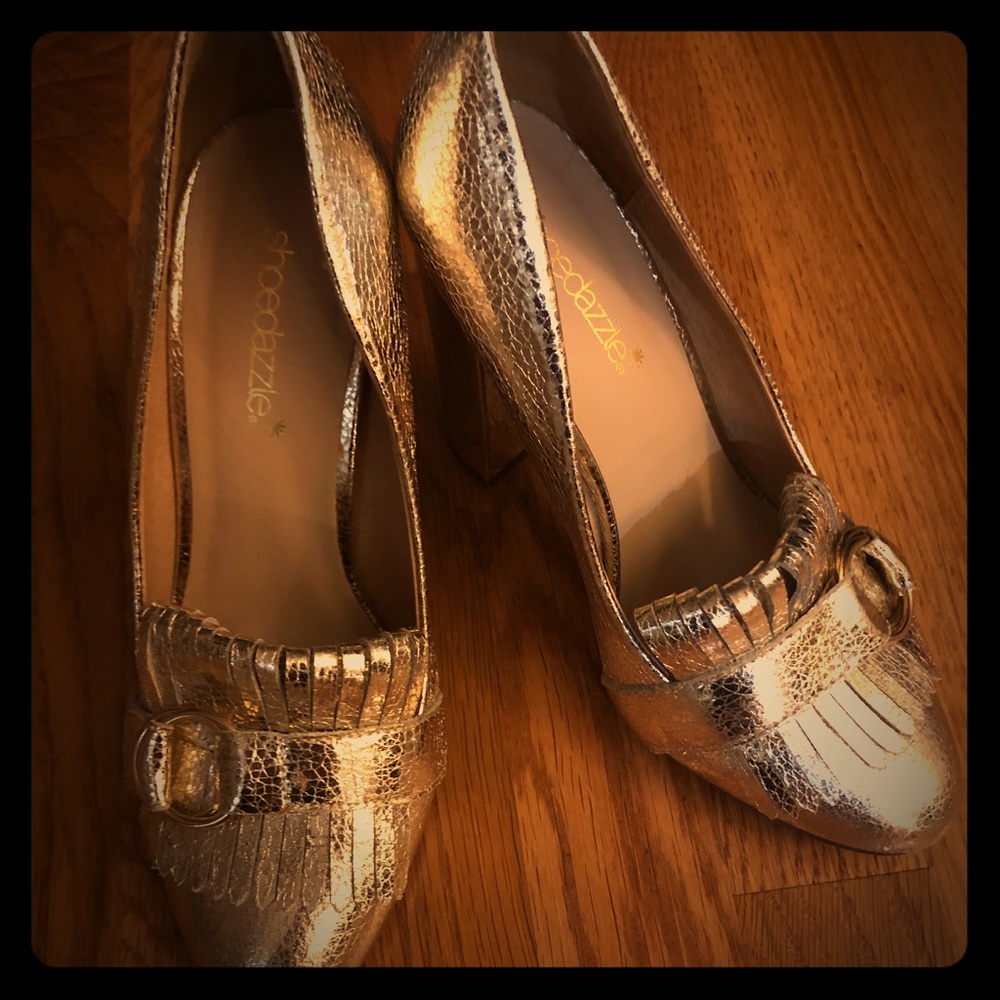 Block heel gold loafer pumps